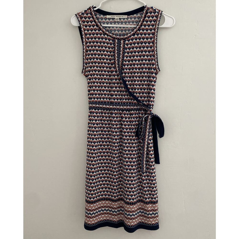 MAX STUDIO Dress Womens S Sleeveless Print Knee Length Faux Wrap Stretch Keyhole